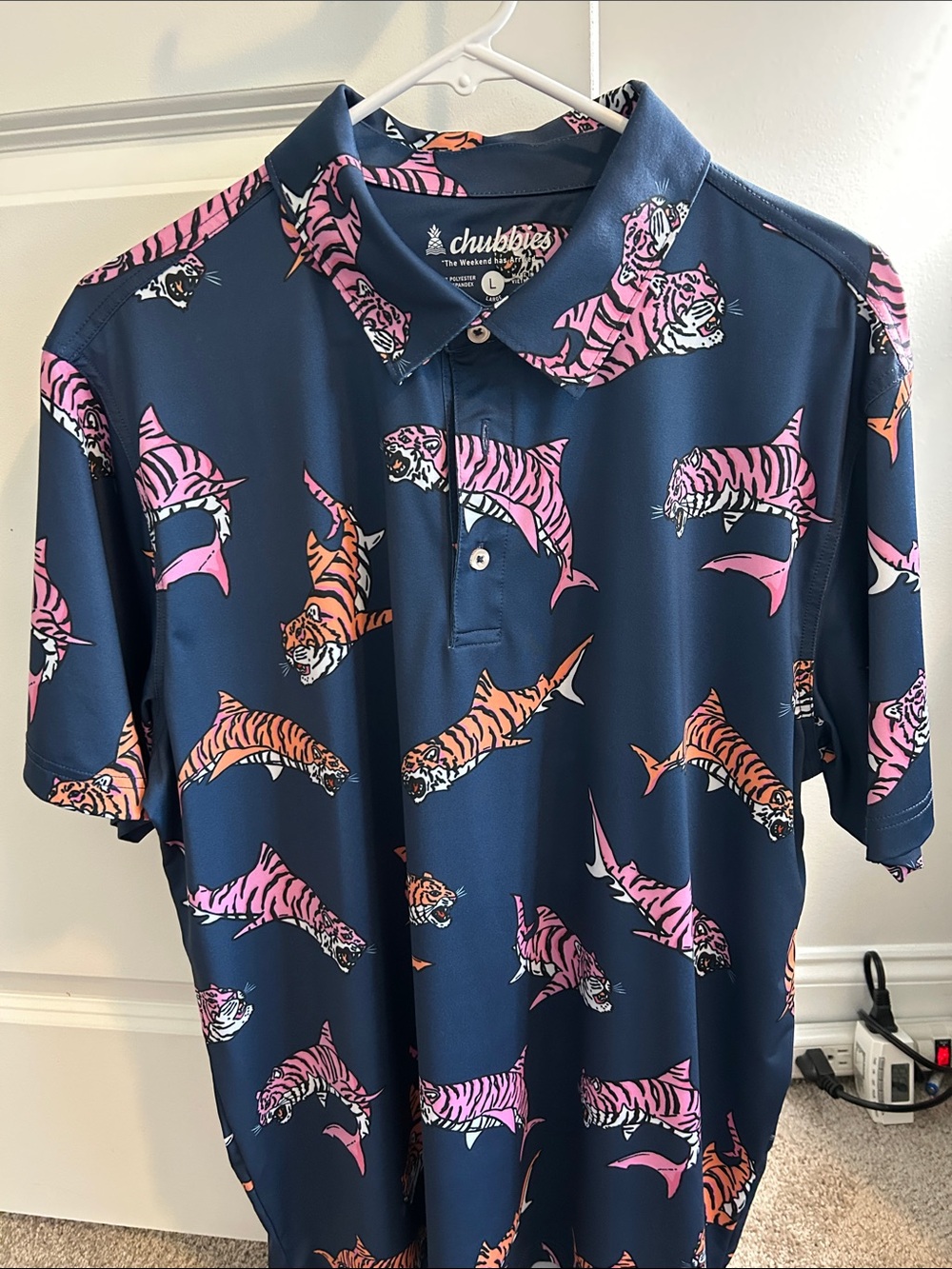 Chubbies Men's Navy Polo with Pink & Orange Tiger shark Print